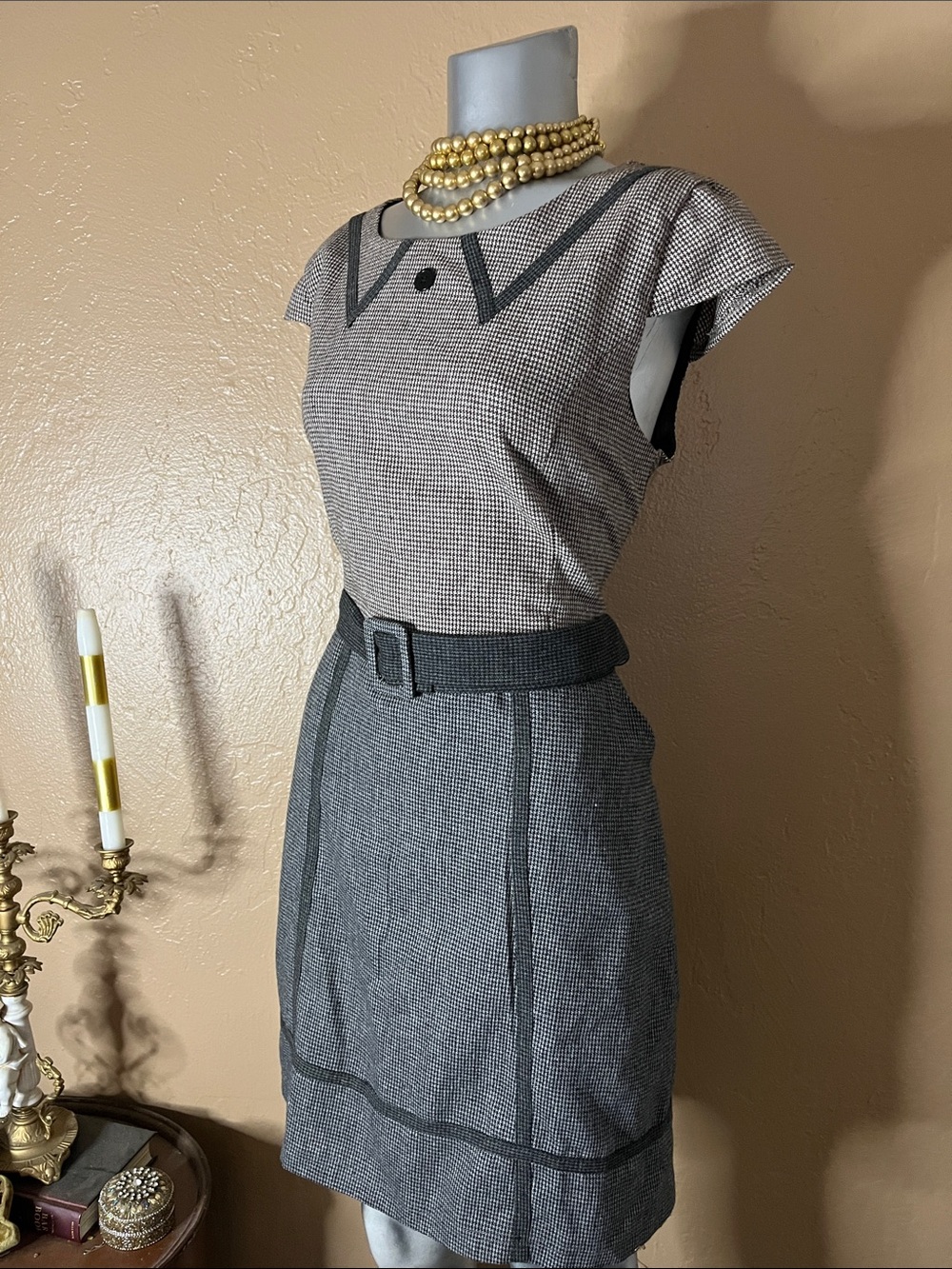 Anthropologie Knotted Dove Tailored Houndstooth Pencil Skirt w/ Belt Dress.  L